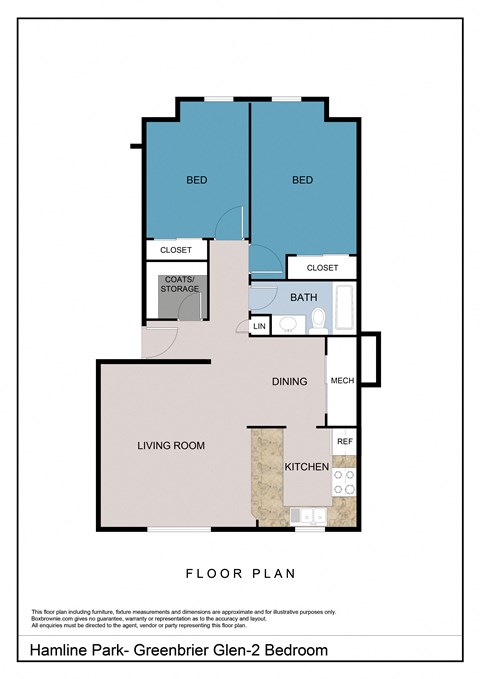 Floor plan for 2 beds, 1 bath, 853 sqft